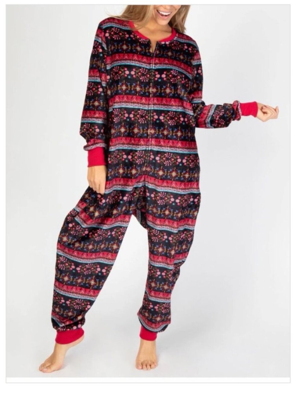 Natural Life One Piece Pajama Romper M Boho Multicolor Floral Cozy Pink Black
